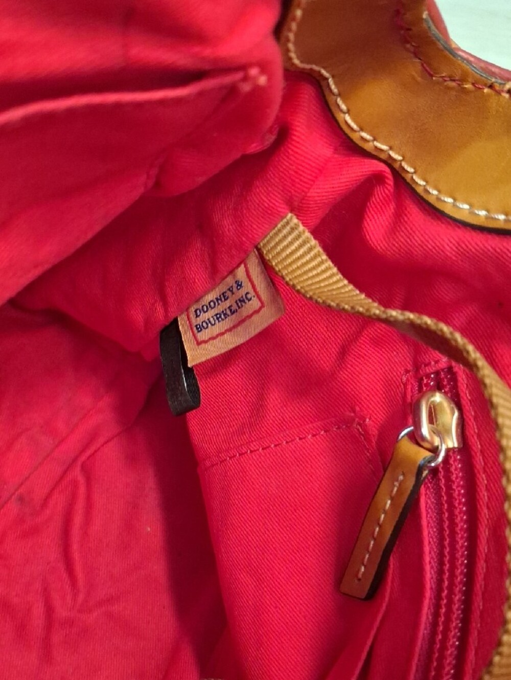 Dooney & Bourke Charli Red Leather Satchel with Brown Trim and Handles - Picture 10 of 14